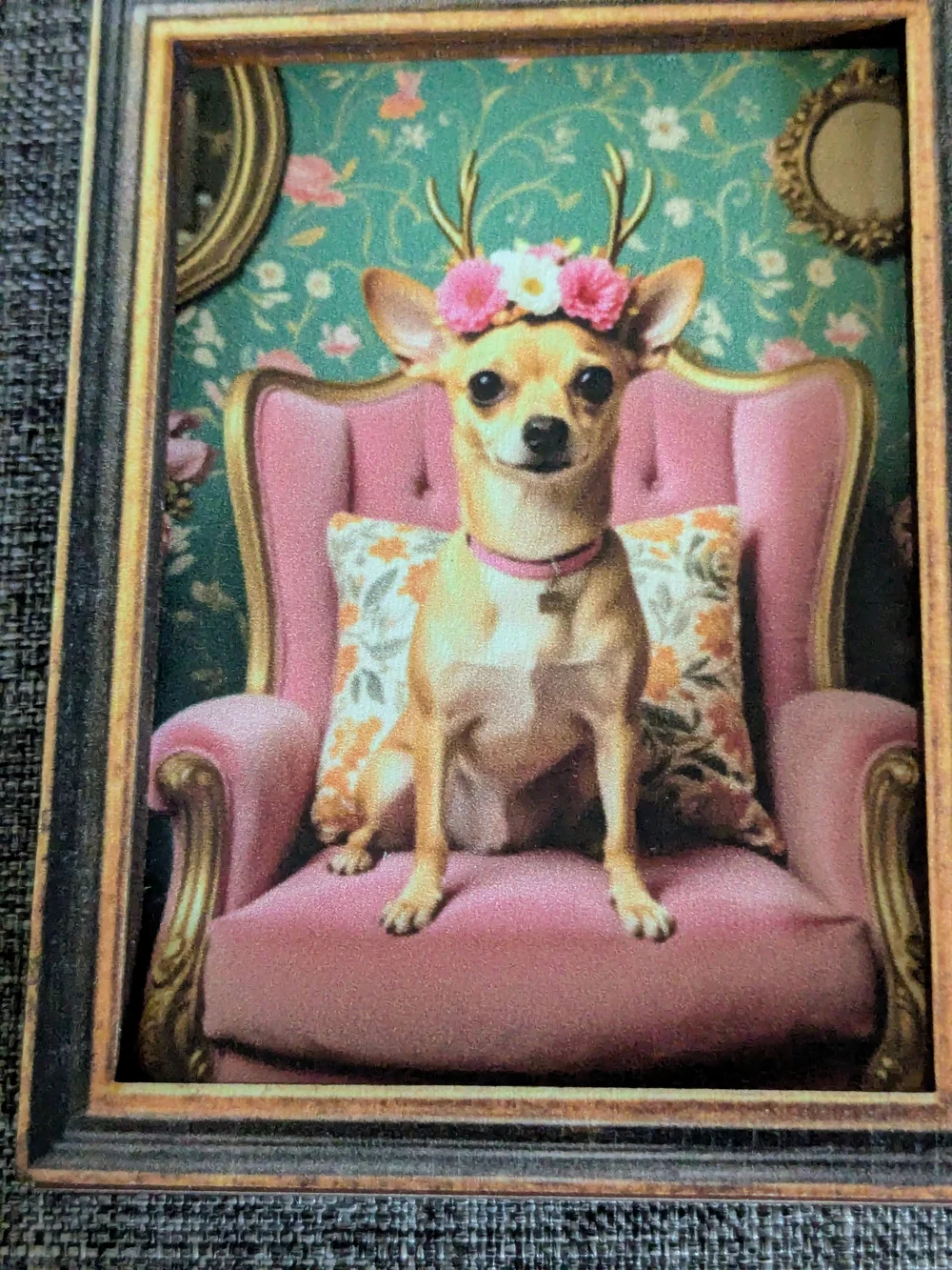 Charming dog art print magnet featuring a chihuahua sitting on a pink chair.